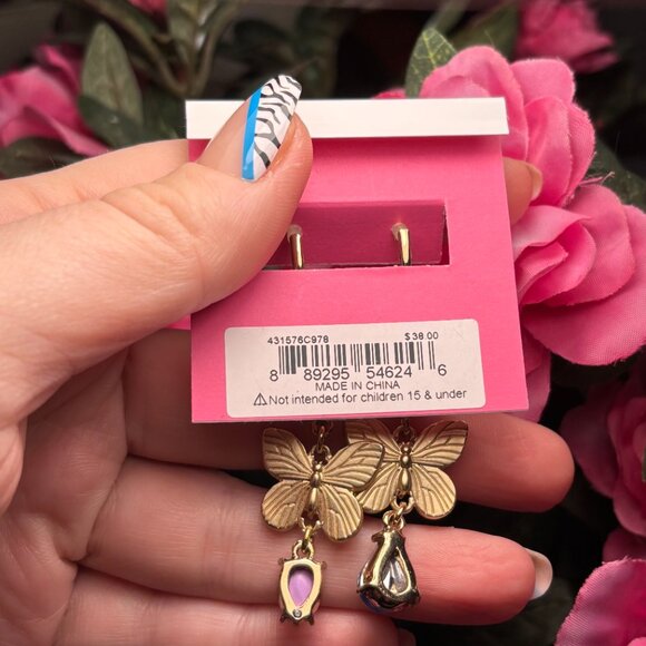 BETSEY JOHNSON Mismatched Butterfly Crystal-Studded Gold-Tone Drop Earrings NWT - Picture 3 of 6